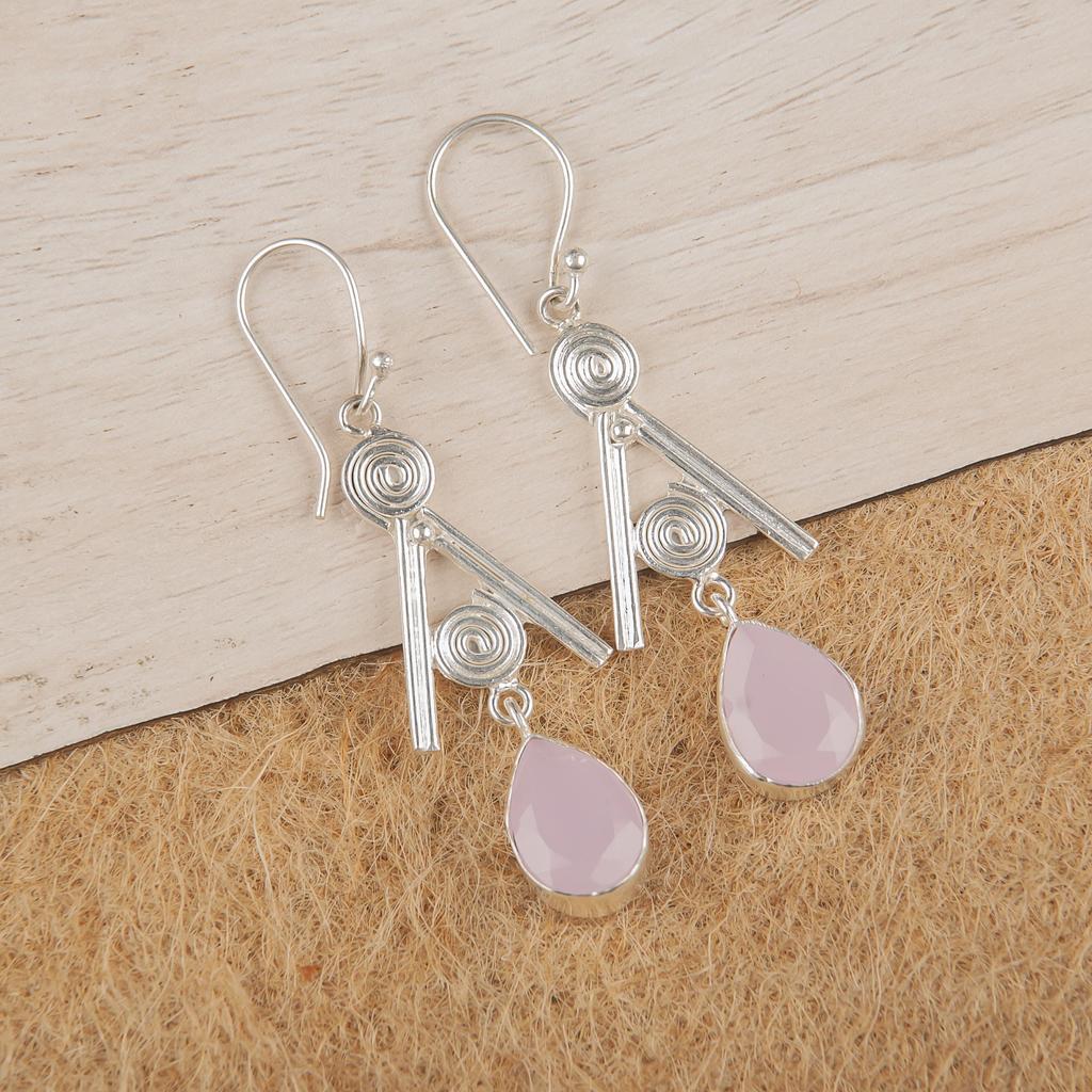 Rosenchalcedon Edelstein Ohrringe, Handgefertigter 925er Sterlingsilber Schmuck, Designer Silberohrringe Geschenk für Schwester