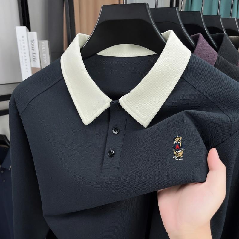 

Мужская рубашка поло с длинным рукавом от люксового бренда, модная, высокого качества, с вышивкой мультяшного медведя, в корейском стиле, на весну-осень, повседневная футболка 2XL темно-синий