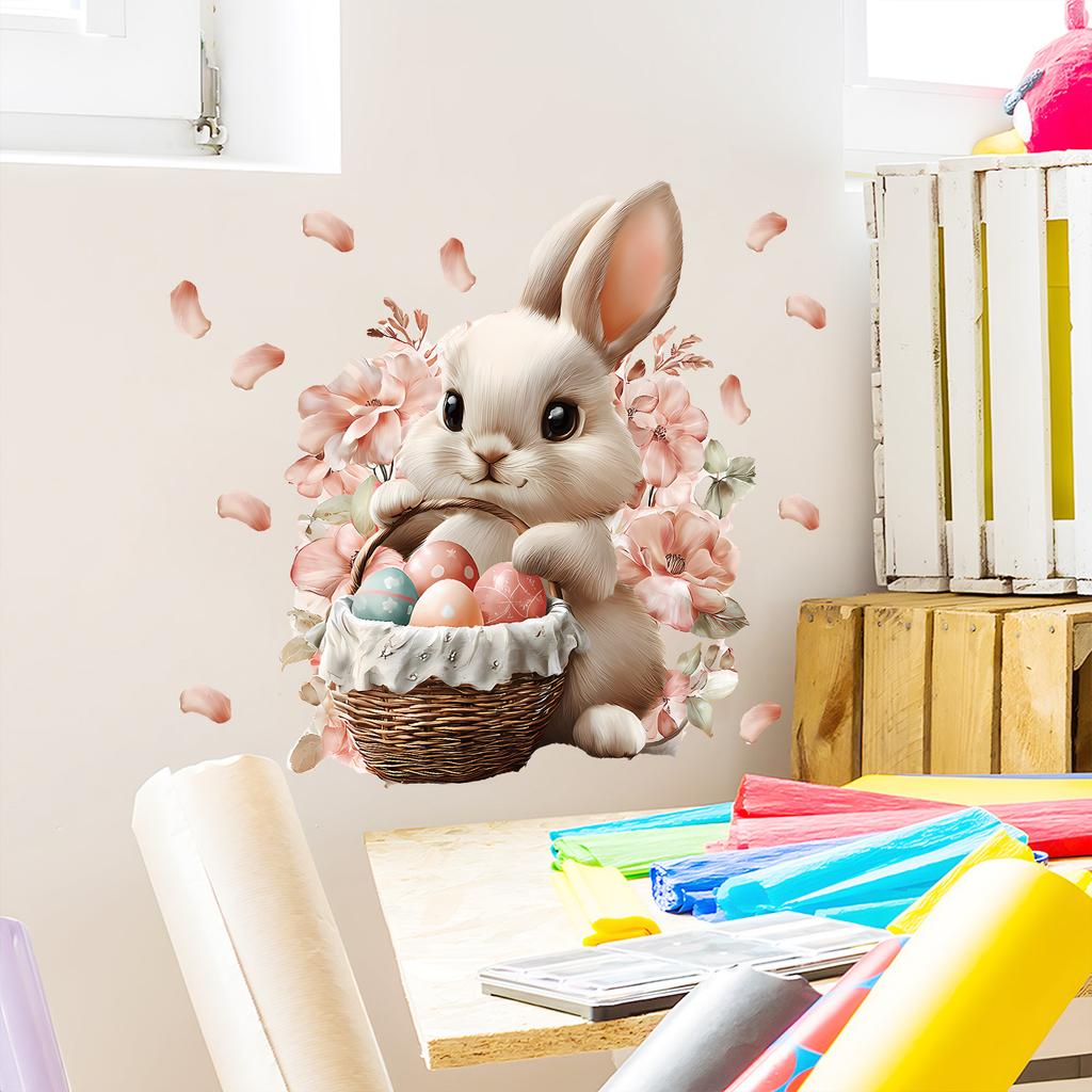 Easter Bunny with Eggs and Flower Basket Wall Sticker Self-Adhesive Removable for Bedroom Living Room Study Holiday Decor
