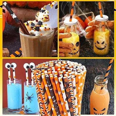 100pcs/bag Halloween Paper Straw Pumpkin Bat Spider Skull Orange Black Color Festival Paper Straws