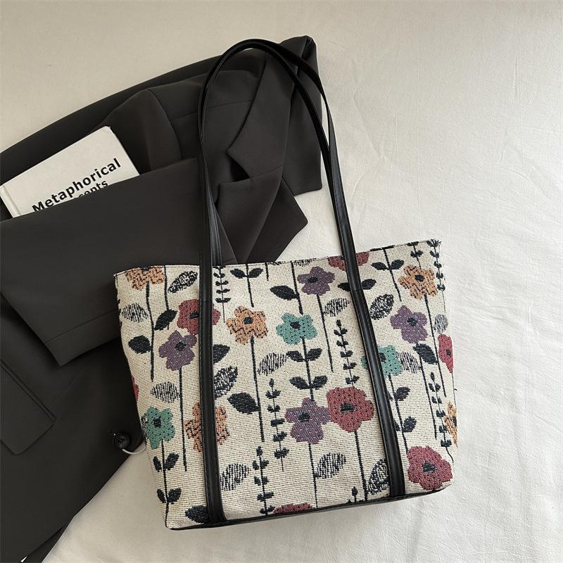 Large-capacity National Style Printed Bag Women's 2025 New Commuter Tote Bag Ins Summer Flower Class Shoulder Bag