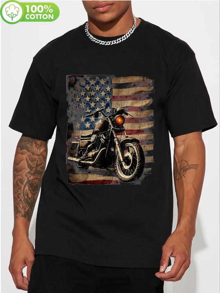 Retro American Flag Motorcycle Graphic T-shirt - 100% Cotton Regular Fit Short Sleeve Tee for Casual Streetwear