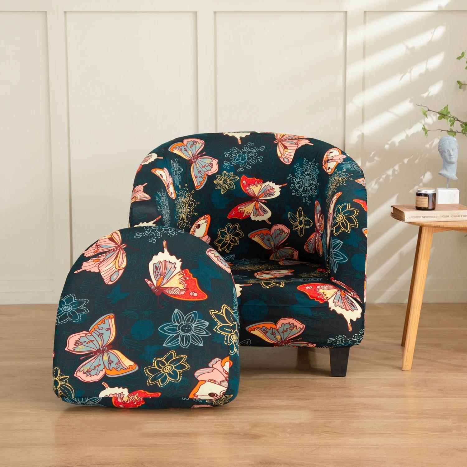 

2-Piece Club Chair Cover Set Stretch Barrel Chair Cover Printed Bathtub Chair Cover Removable Durable Armchair Sofa Cover