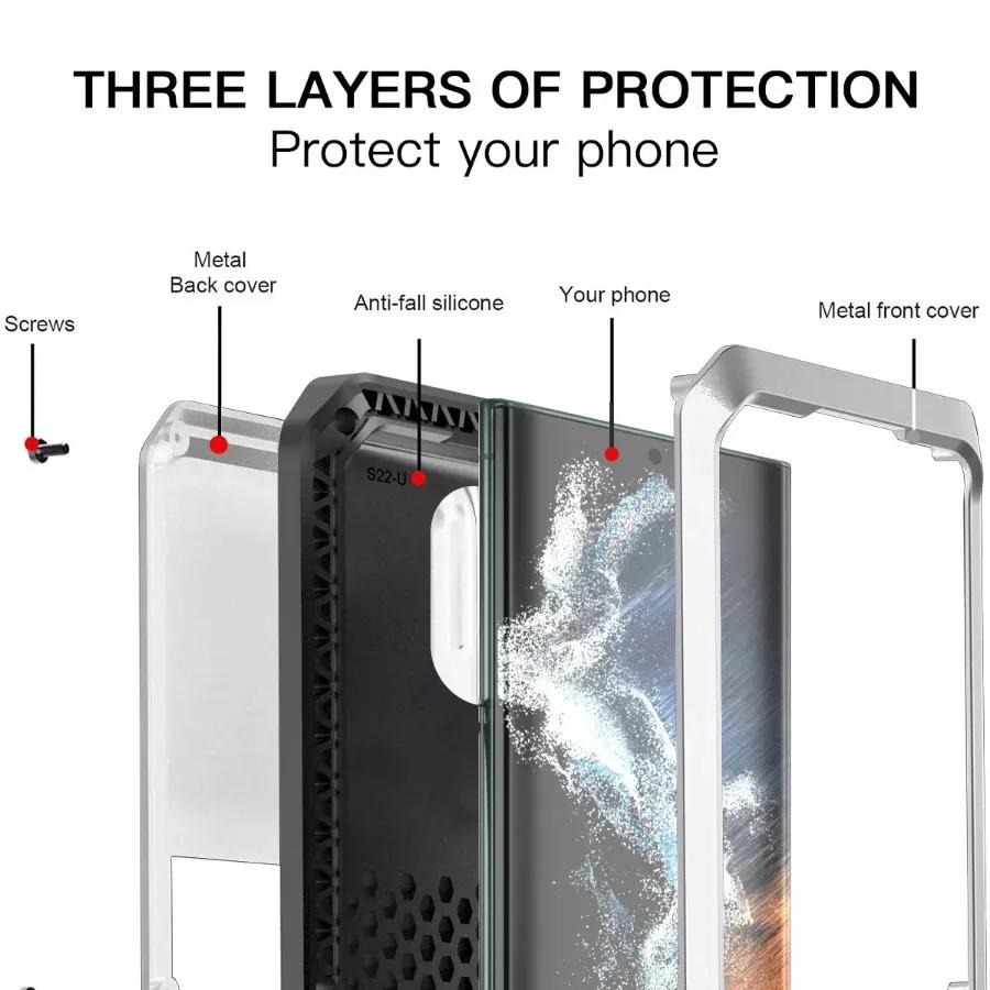 Aluminum Alloy Metal Armor Case for Samsung S26 S25 Edge S24 S23 S22 S21 S20 Plus Note 20 Ultra Shockproof Heavy Duty Tank Cover
