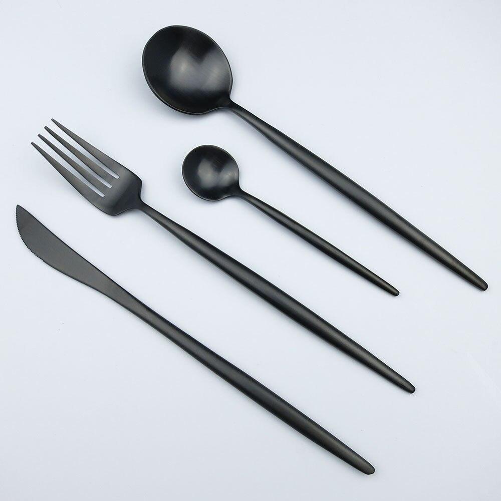 4Pcs Matte Black Gold Dinnerware Set Dinner Cutlery Knives Forks Spoons Teaspoons 304 (18/10) Stainless Steel Silverware Set