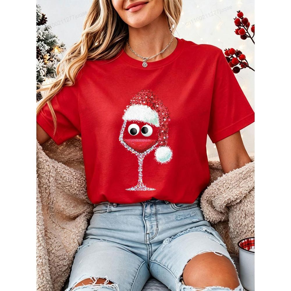 Drinking Christmas T‑Shirt Women Funny Wine Glass Santa Graphic Tee Tops