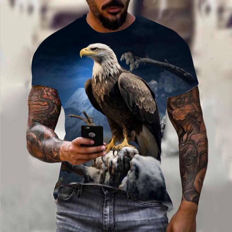 Harajuku Men's T-shirt Hip Hop Trend Street Casual Round Neck Short Sleeve Loose Top Fun 3D Animal Eagle Print T-shirt