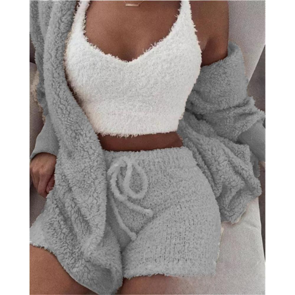Women's Loose Fit Three Piece Loungewear Long Sleeve Fuzzy Cardigan V Neck Tank Drawstring Waist Shorts Winter Solid Tracksuit