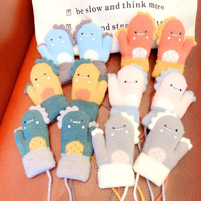 

Детские вязаные перчатки с веревкой, детские перчатки, сохраняющие тепло, варежки с мультяшным динозавром для малышей, полный палец