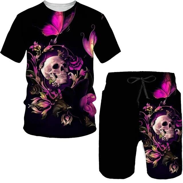 Summer 2 Piece Outfits Sets Tshirt and Shorts Tracksuit Men's Oversized Cloth Streetswear Vintage Skull Gothic 3D Print Men Sets