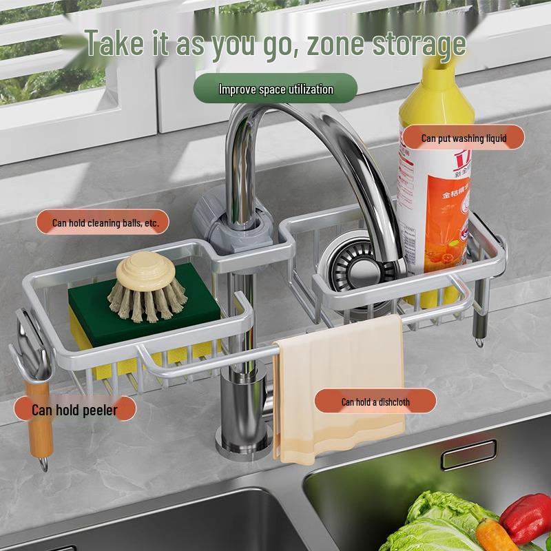 Stainless Steel Kitchen Faucet Organizer & Drain Rack for Dishcloths, Sponges, Brushes - No Drilling Needed