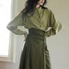 2026 Early Autumn Light Green Shirt & Deep Coffee Skirt Set with Asymmetrical Neckline