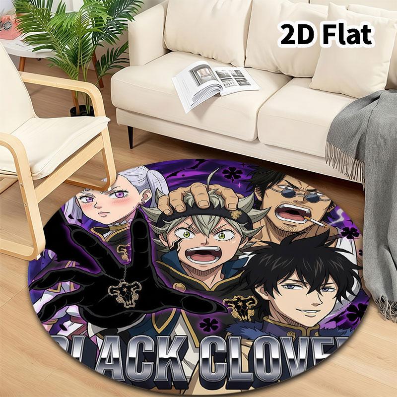 Black Clover Round Area Rug Carpet Rug For Living Room Bedroom Sofa Playroom Decor Nonslip Floor Mat