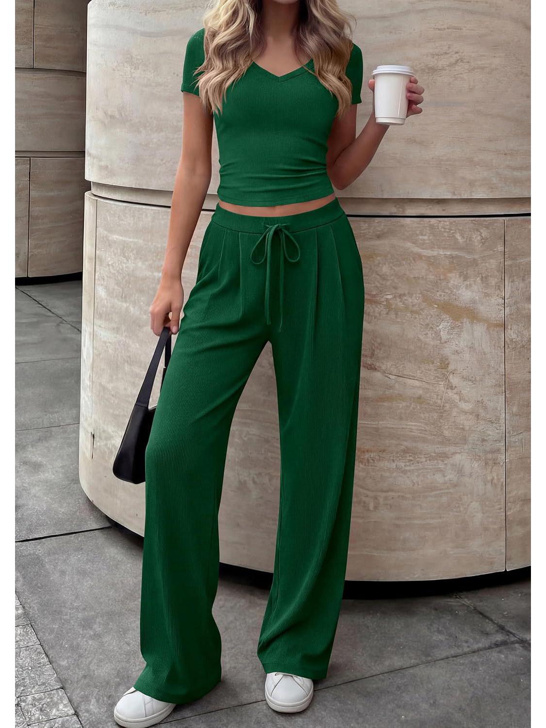 

European & American Women s V-neck Top & Wide-leg Pants Suit - Solid Color, Casual Fashion Extra Large