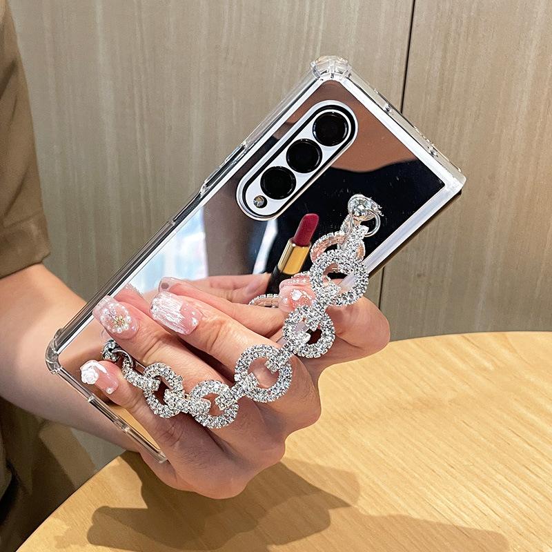 Makeup mirror is suitable for Samsung ZFold7 mobile phone case folding Zfold6/5 rhinestone chain four corners anti-drop protective cover