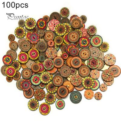 100Pcs Classic Vintage Flower Printed Wooden Button DIY Sewing Clothes Bag Decor