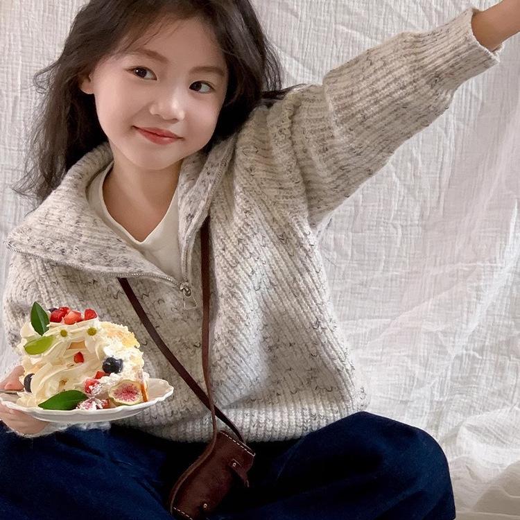 2025 Girls' Autumn/Winter Korean-Style Zippered Knit Sweater Coat