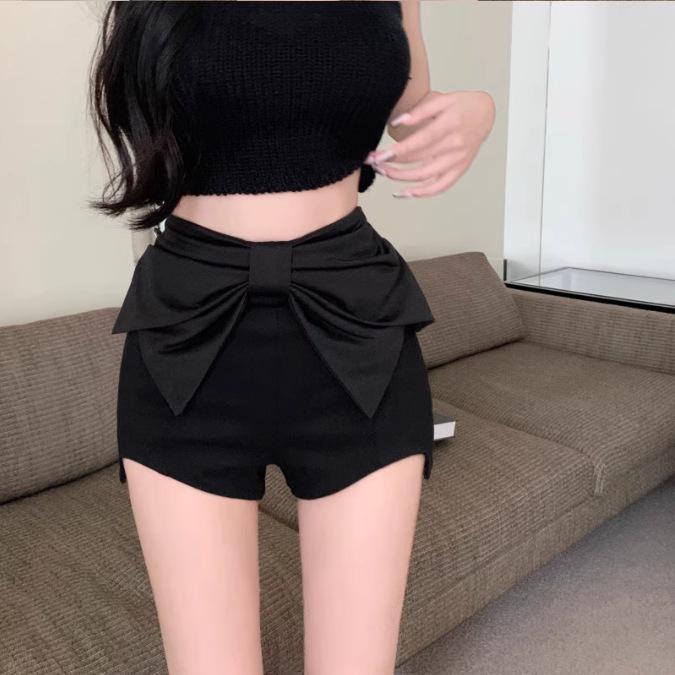 2026 Summer French Bow High-Waisted Hip-Hugging Black Irregular Shorts Women s Fashion Small чёрный