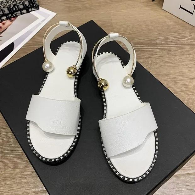 

WTEMPO/летние женские жемчужные сандалии с бисером, тапочки, женские шлепанцы большого размера, повседневные сандалии на плоской подошве, обувь 38 белый