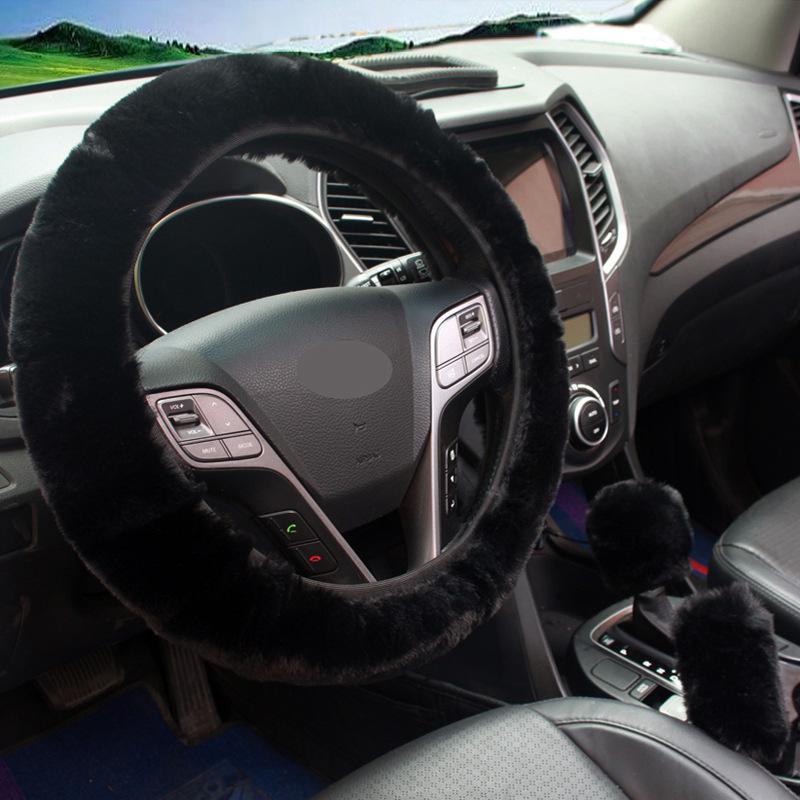 Winter Plüsch Auto Lenkrad-, Schaltknauf- und Handbremshebelbezug Set - Rexkaninchenfell, Elastische Passform