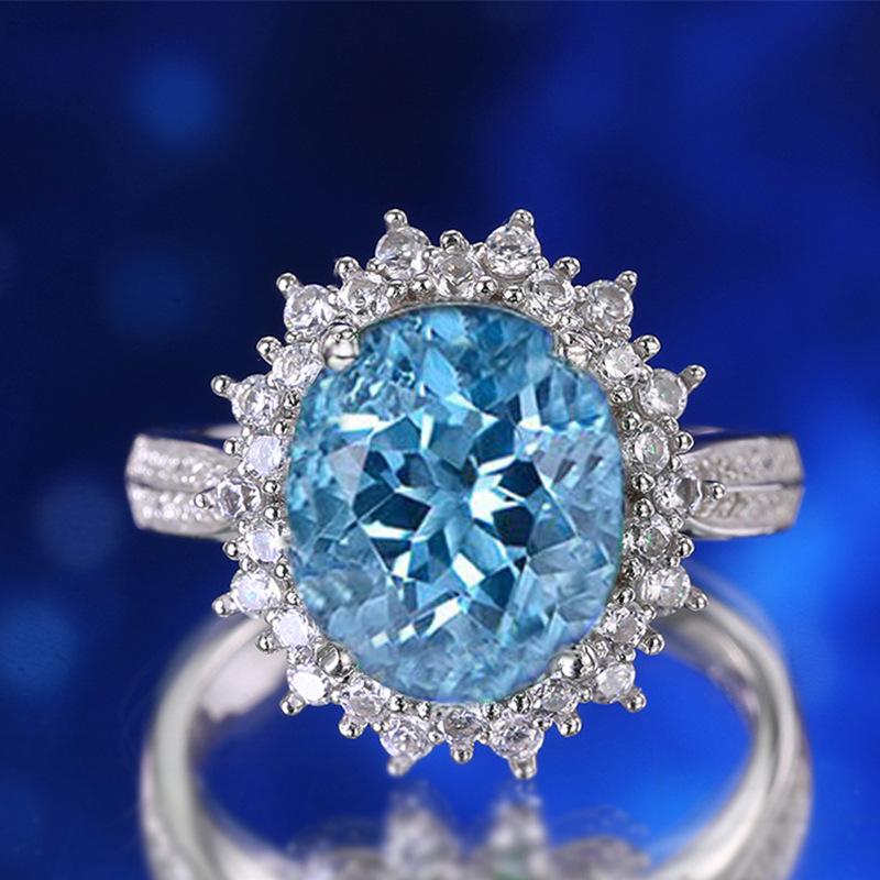 S925 Sterling Silver Blue Topaz Three-Piece Jewelry Set: Necklace, Earrings, Ring Sterling Silver