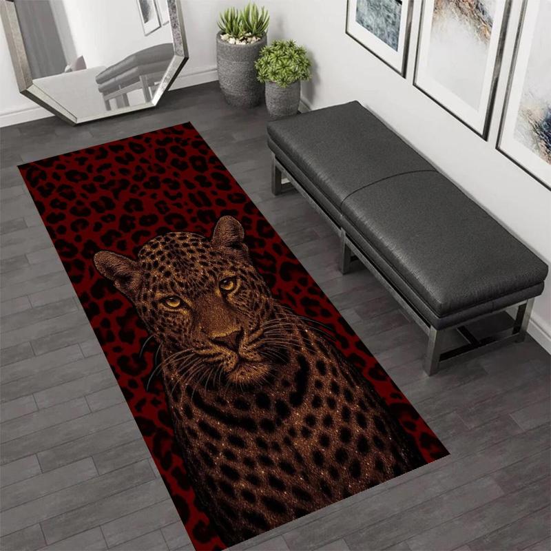 Leopard Pattern Long Runner Rug Vintage Royal Crown Design Artistic Black Panther Non-Slip Kitchen Mat Hallway Entrance Doormat
