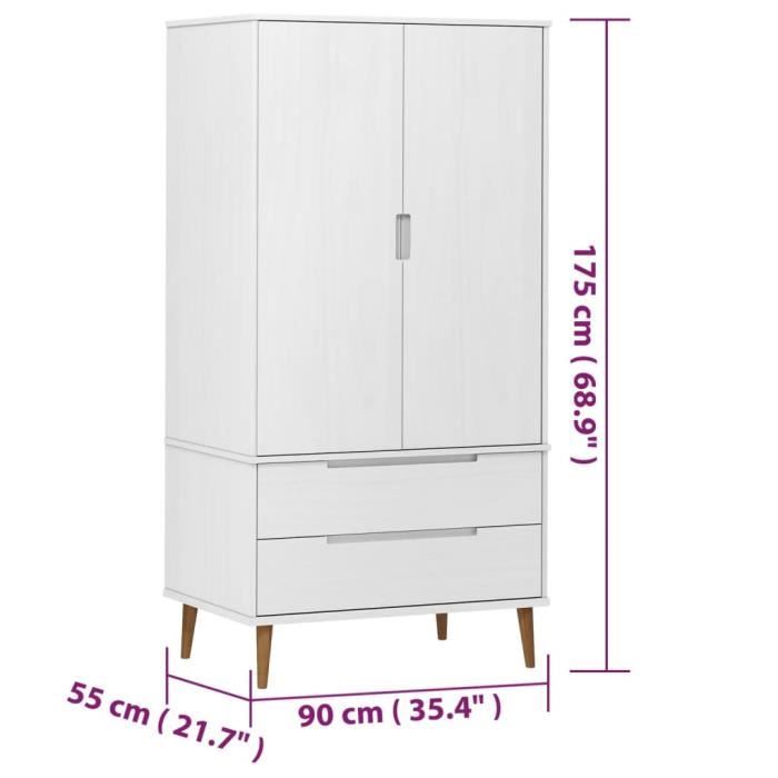 VidaXL Wardrobe MOLDE White 90x55x175 Cm Solid Pine Wood 350523