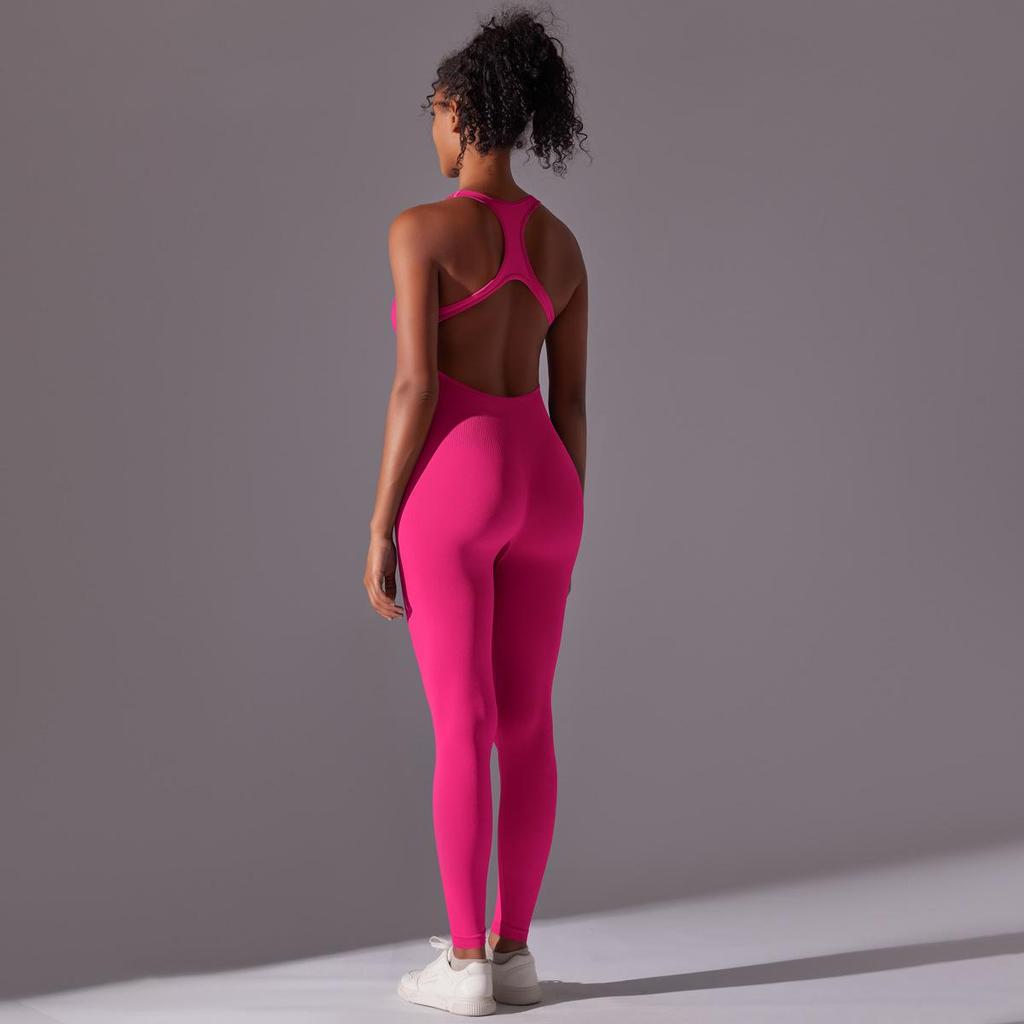 Sömlös enfärgad yogajumpsuit med öppen rygg