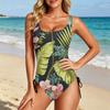 Women's Swimsuit with Tropical Leaf and Floral Print Adjustable Side Drawstring Scoop Neck Bathing Suit