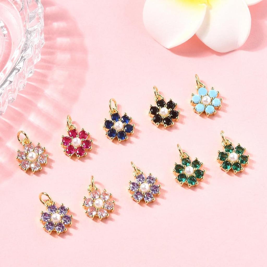 Stiesy 10 Pcs Mix Random 18K Gold Plated Mini Flower Shape Charms Brass Micro Pave Colorful Cubic Zirconia CZ Stone Dangle Charms with Pearl for