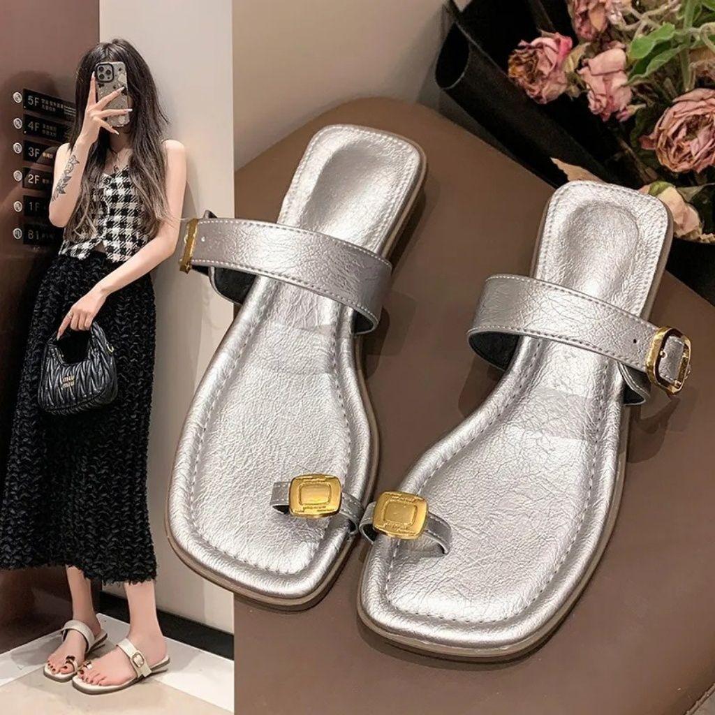 2025 new summer one-word with set toes simple sandals for women's popular fashion wear versatile low-heeled cool slippers for women