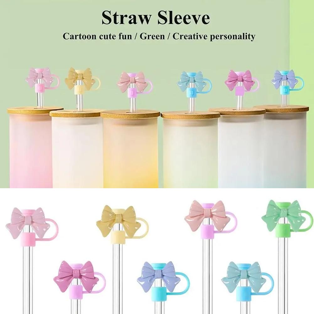 Cute Cartoon Bow Straw Tips Cover Reusable Dustproof Silicone Straw Cover Kitchen Cup Accessories Home Supplies