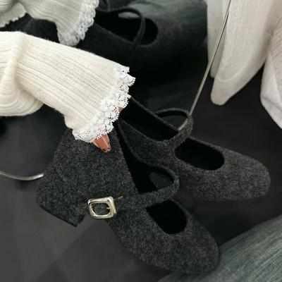 Small Inner Height Increase Retro Woolen Shoes Square Head with Thick High Heels Mary Jane Light Mouth Single Shoes