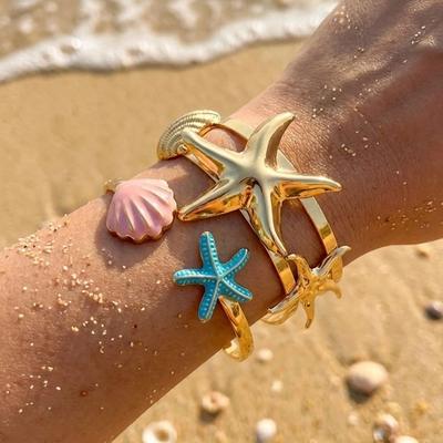 Trend Boho Summer Starfish Shell Cuff Bangles for Women Gold Color Metal Starfish Scallop Open Bracelet Beach Party Jewelry Gift