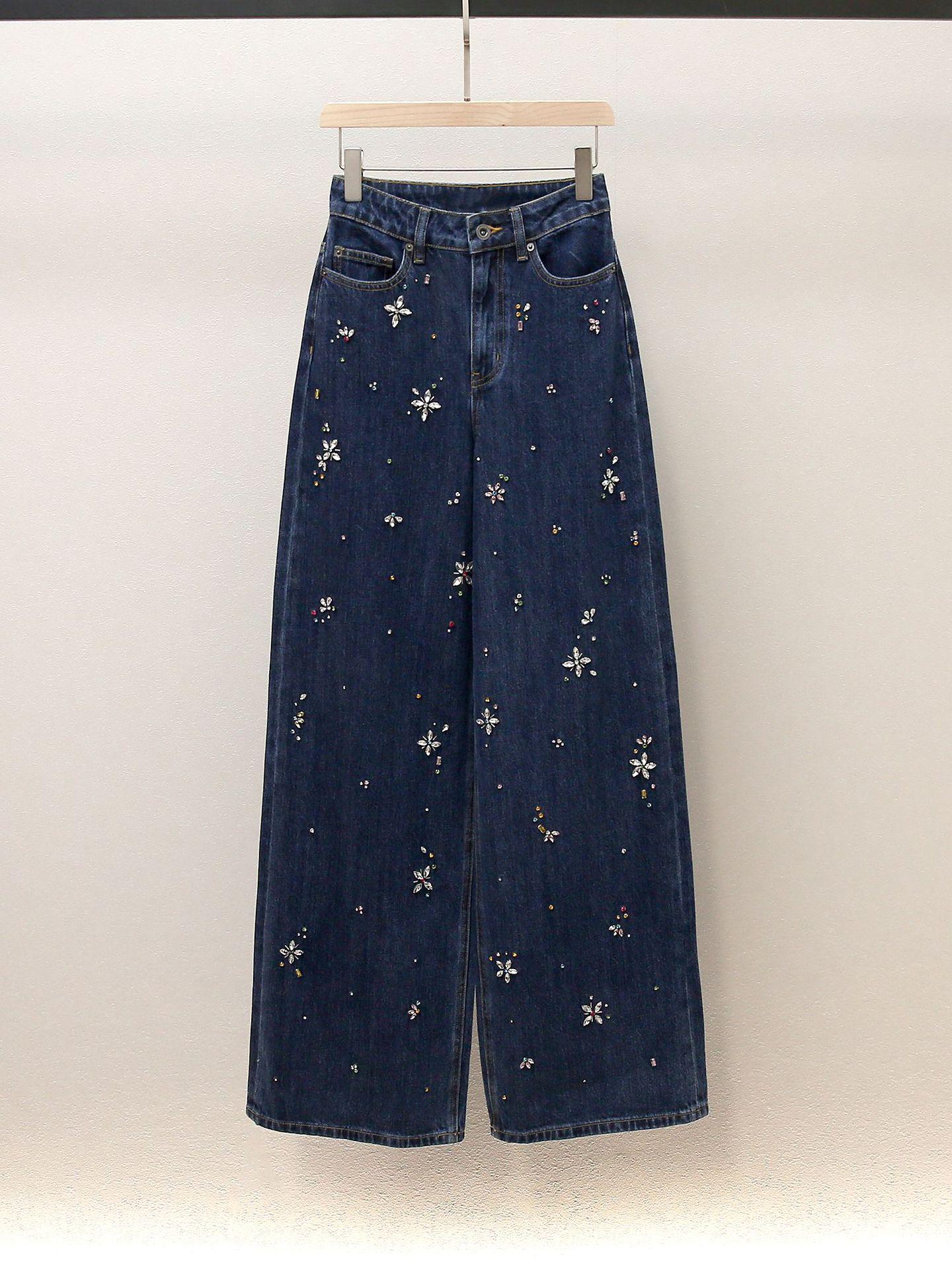 

SP Осенние Французские Стройнящие Джинсы А-силуэта с Завышенной Талией, Украшенные Широкими Штанинами L синий