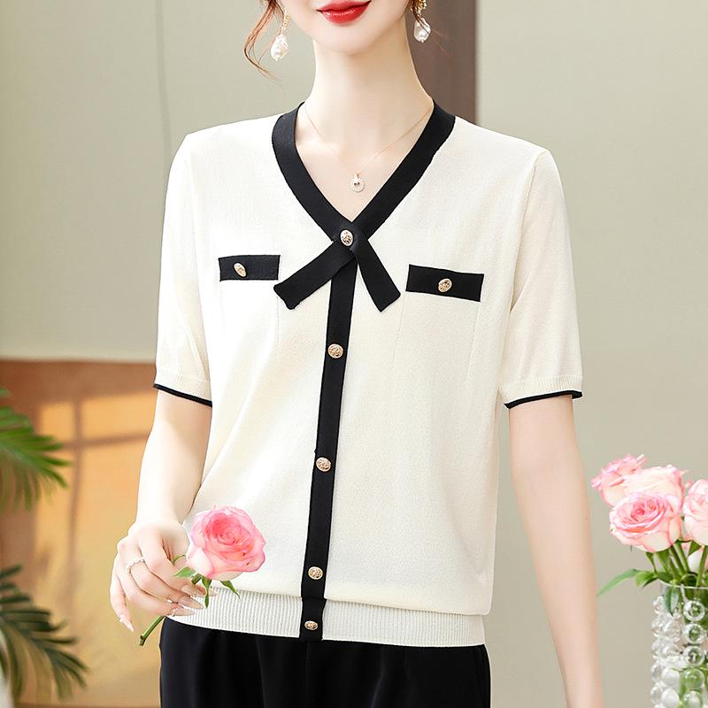 

2026 Summer Ice Silk Short-Sleeve T-shirt for Middle-Aged Women - Mom s Stylish Fashion Top L (80-100 lbs) грязно-белый