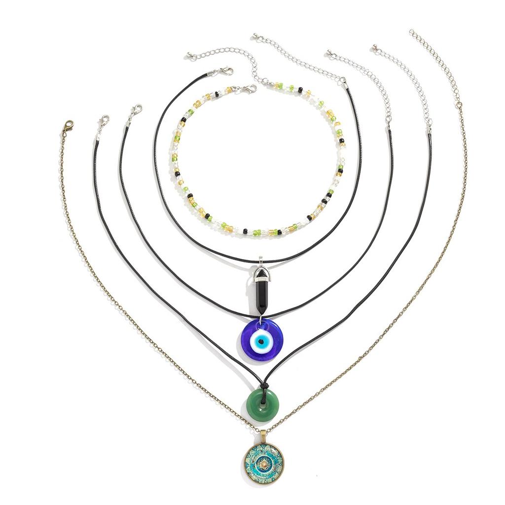 5 Stück Ethnischer Friedensschnallen Blauer Türkischer Glücksaugen Anhänger Choker Halskette für Frauen Vintage Stein Leder Wachsfaden Kette Schmuck