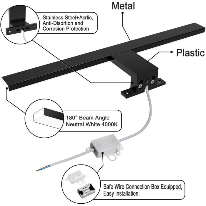 Lampe miroir led - azhien - 10w - 820lm - 40cm - noir - ip44