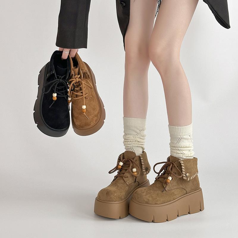 Retro Solid Color Design, Thick-soled Lace-up Folding Martin Boots for Women's 2025 Autumn and Winter New Models, Small People Increase Height and