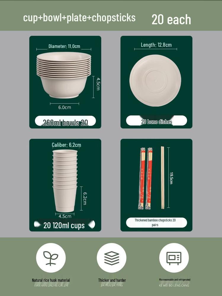 Eco-Friendly Rice Husk Tableware Set: Bowl, Chopsticks, Spoon & Cup – Recyclable & Food-Grade for Dining, Parties, Home, & Picnics (4-Piece)