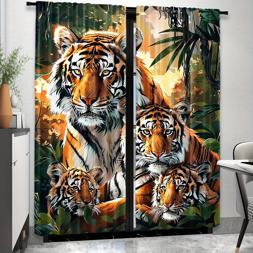 2pcs, Tiger Print Curtains, Rod Pocket Window Treatment, for Bedroom Living Room, Home Decoration, Room Decoration