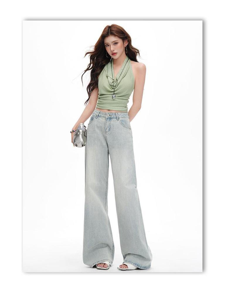Women's Light Blue Retro Washed Denim Jeans, 2026 Spring/Summer, Loose Wide-Leg, Slimming Straight Pants