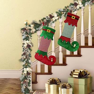 Christmas Elf Stocking Ornament Striped Bell Design Holiday Festive Home Decor Christmas Party Gift Holder Xmas Fireplace Decor