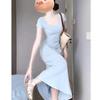 Casual Simple Style Solid Color U-neck Dress Women's Slightly Fat Long Dress Little Mother Waist Hip Skirt Summer Wholesale