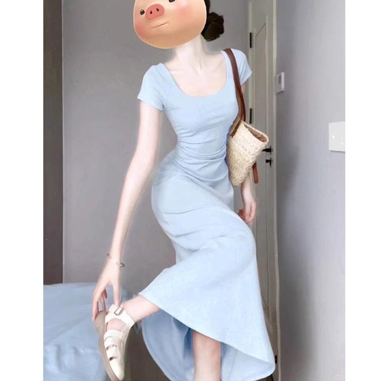 Casual Simple Style Solid Color U-neck Dress Women's Slightly Fat Long Dress Little Mother Waist Hip Skirt Summer Wholesale