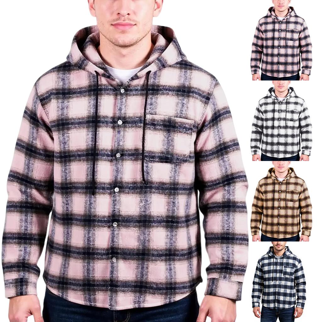 Men's Sports And Leisure Loose Checkered Hooded Shirt Jacket