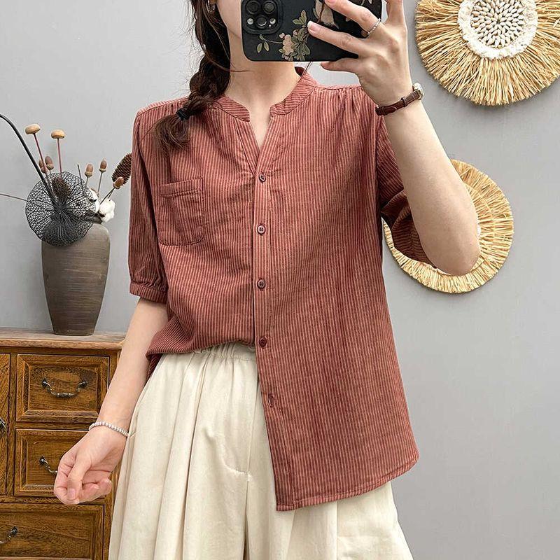 

Pure Cotton Yarn V Neck Stripes Short Sleeve Shirt for Women 2024 Summer New Arrival Loose Sun-Proof Shirt Half Sleeve Shirt Red Stripes M(57.50 kg-67.50 kg)