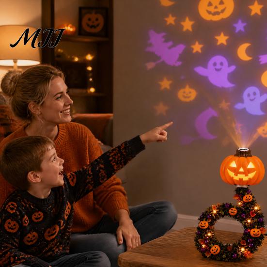 Halloween Decor Lamp USB Pumpkin Projector Lamp, Flexible Gooseneck Night with 8 LED Projection Films, Ambient for Bedroom Ceiling Decoration