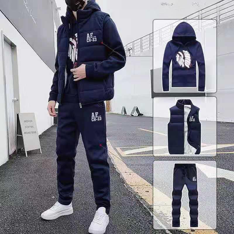 3-teiliges Set Kapuzenpullover + Weste + Hose Lässiger Herren-Trainingsanzug Kleidung Mäntel Winter Dicker warmer Trainingsanzug für Männer Bedruckte Herren-Set Weste