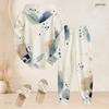 Women Plus Size Two Piece Set Abstract Leaf Printed Hooded Long Sleeve Top Cuffed Pants